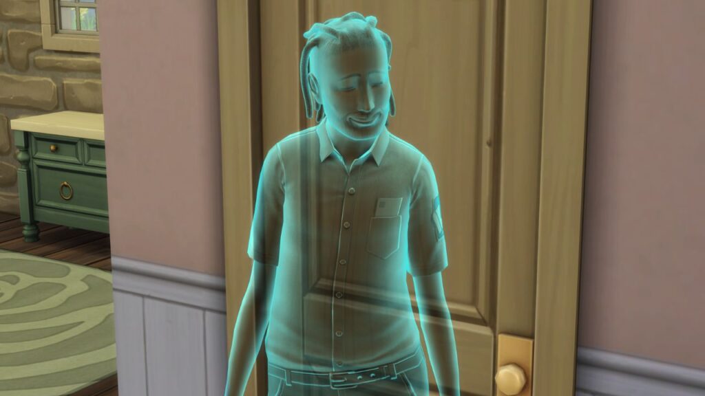 A screenshot from The Sims 4 showing a light blue ghost in front of a door 