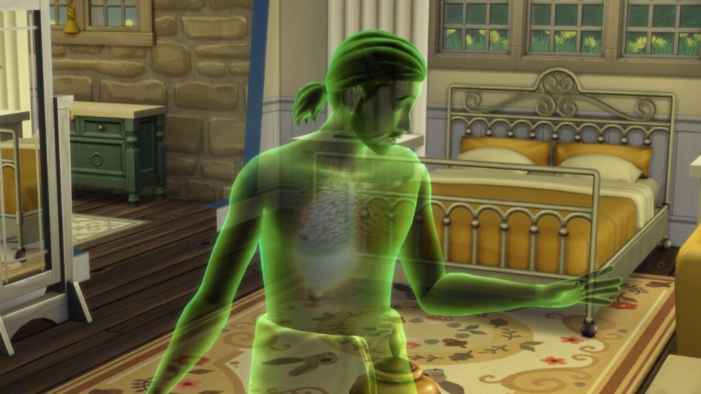 A screenshot from The Sims 4 showing a green ghost standing in a bedroom 
