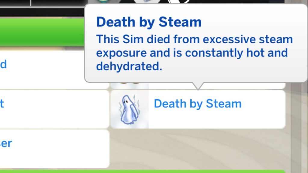 A screenshot from The Sims 4 showing the death by steam trait 