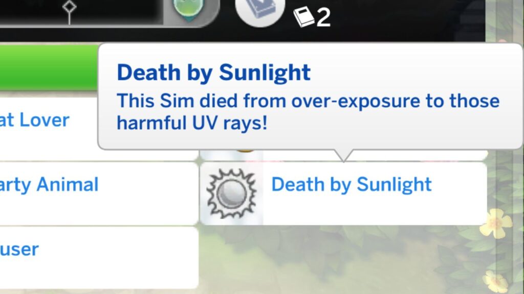 A screenshot from The Sims 4 showing the death by sunlight trait 