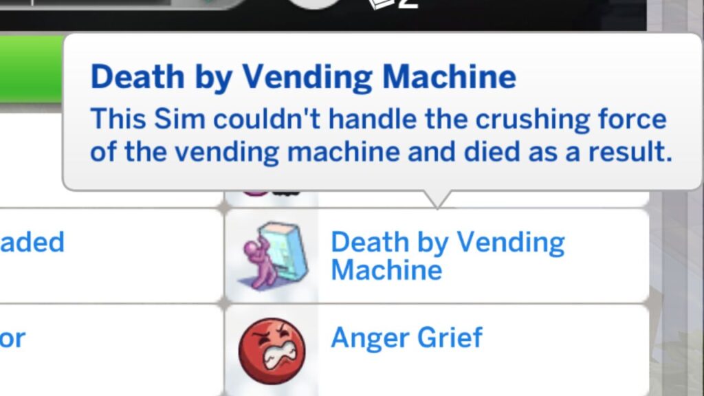 A screenshot from The Sims 4 showing the death by vending machine trait 