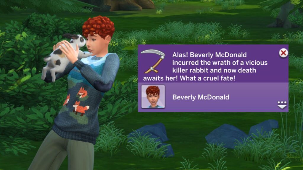 A screenshot from The Sims 4 showing a sim being attacked by a rabbit
