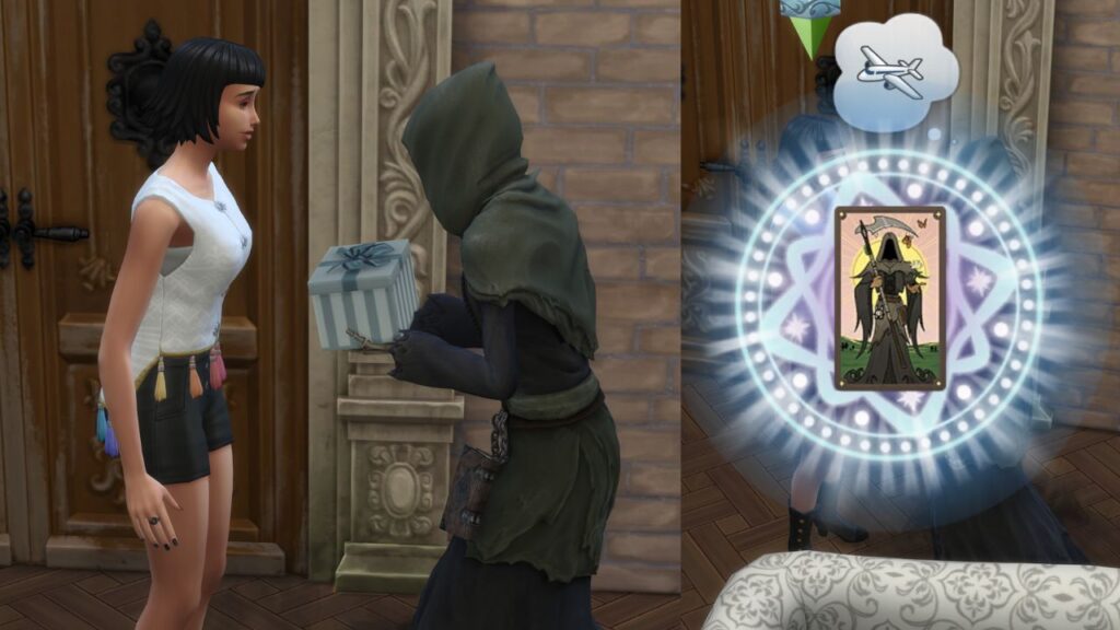 A screenshot from The Sims 4 showing the grim reaper giving a sim a gift