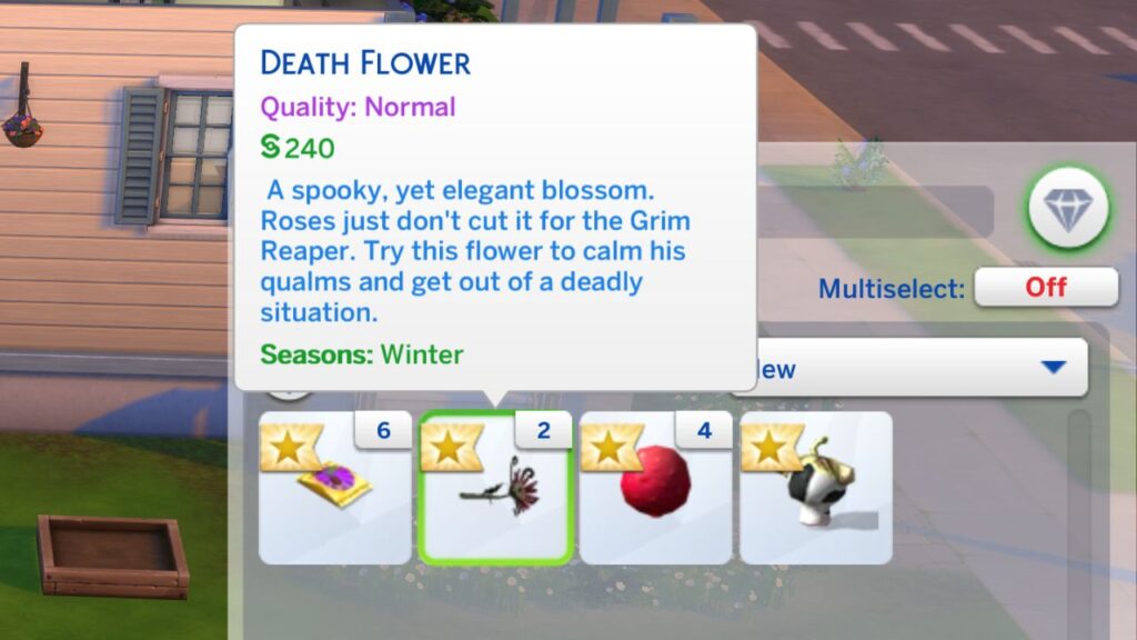 A screenshot from The Sims 4 showing a death flower from a rare seed packet