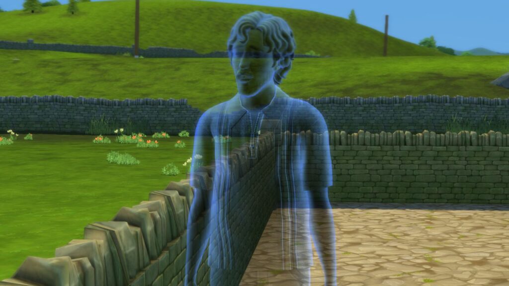 A screenshot from The Sims 4 showing a blue ghost 
