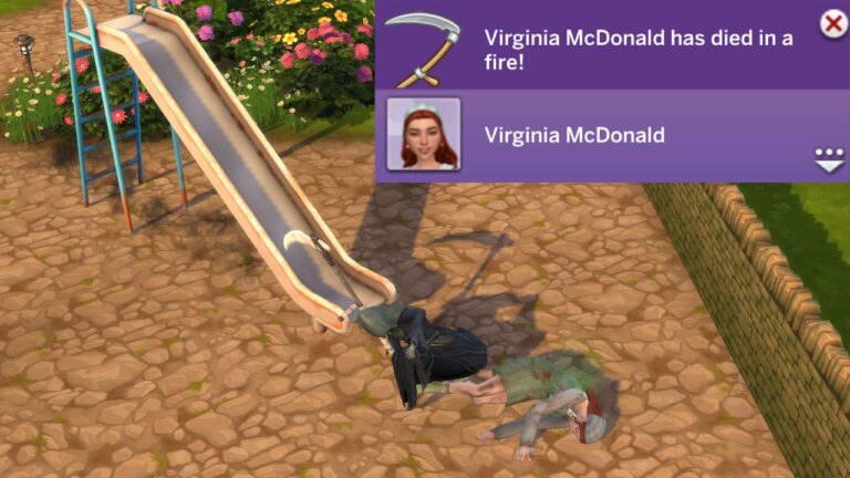 A screenshot from The Sims 4 showing a sim who died from a burning hot slide