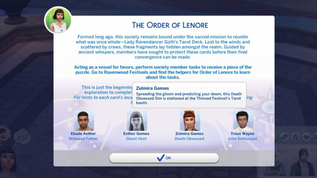 A screenshot from The Sims 4 showing the order of lenore and where to find the death obsessed members