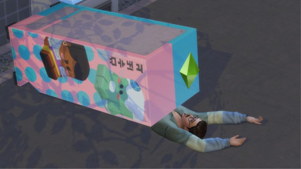 A screenshot from The Sims 4 showing a sim who was crushed by a vending machine 