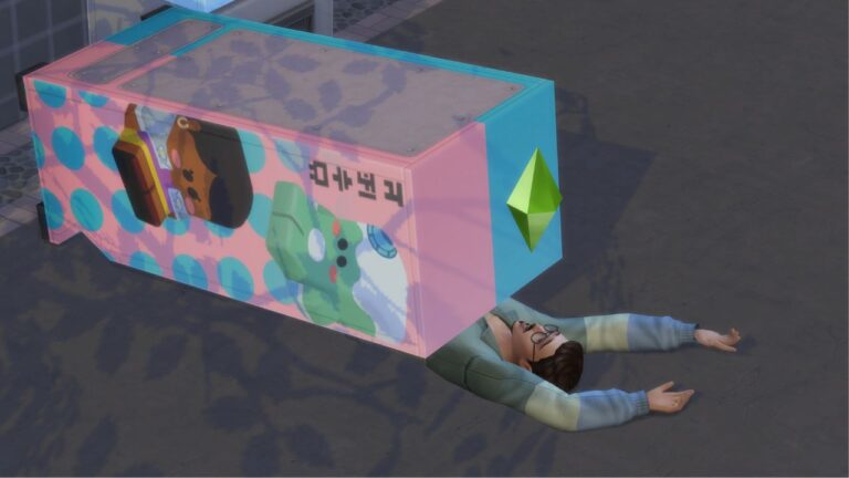 A screenshot from The Sims 4 showing a sim dying from being crushed by a vending machine