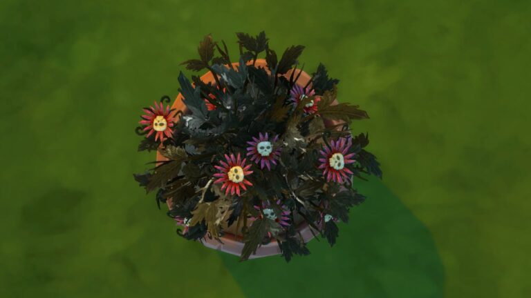 A screenshot from The Sims 4 showing a death flower plant from the top down