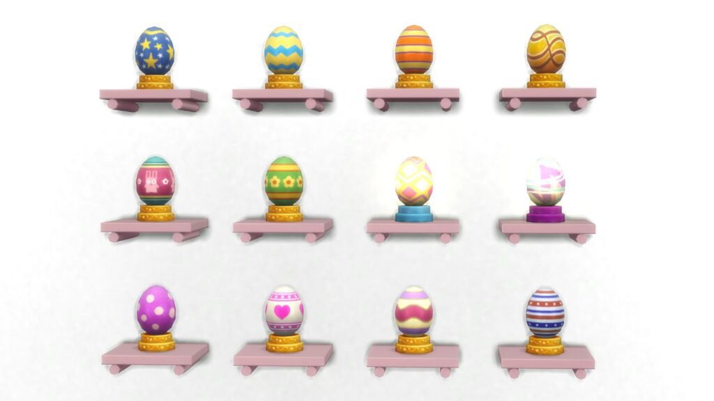 A screenshot from The Sims 4 showing all 12 decorative eggs on shelves 
