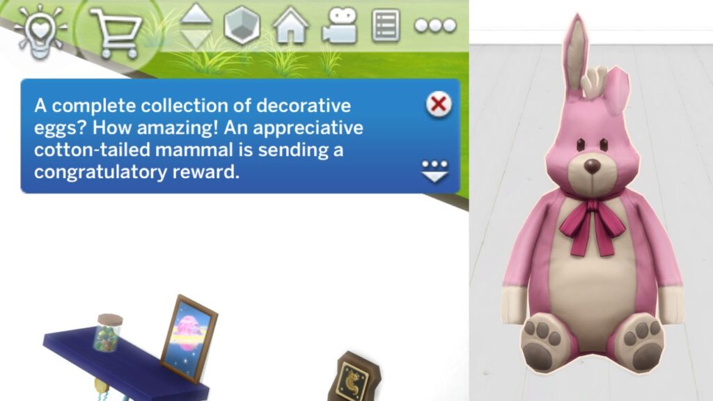 A screenshot from The Sims 4 showing the notification and reward you get when you finish the decorative eggs collection 