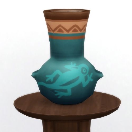 A screenshot from The Sims 4 showing a brown circle table and on top is a vase in blue with a lizard painted on it