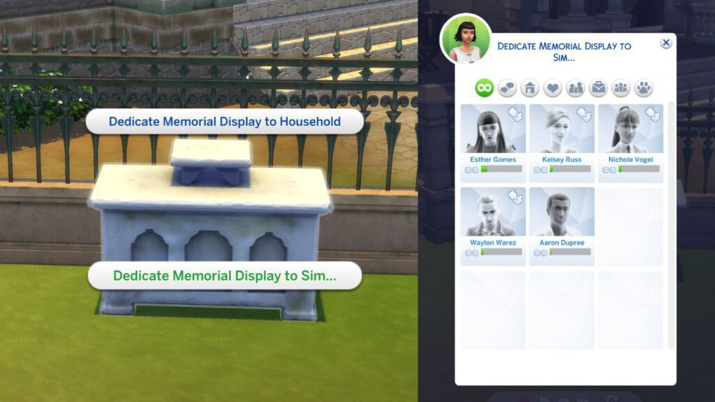 A screenshot from The Sims 4 showing how to dedicated a memorial to a ghost