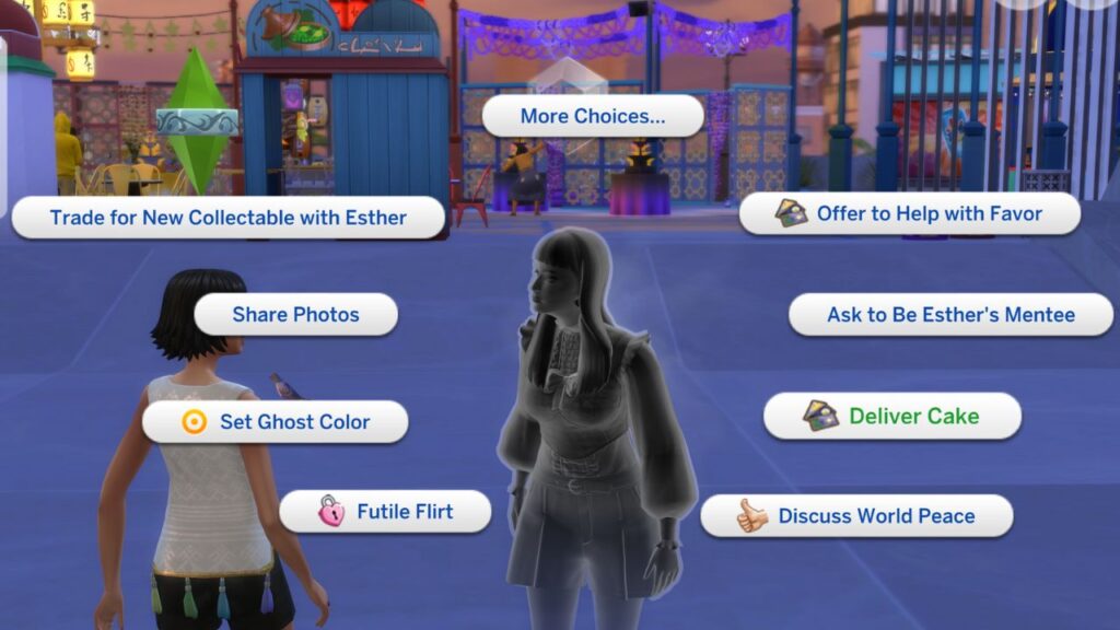 A screenshot from The Sims 4 showing how to deliver a cake for a favor