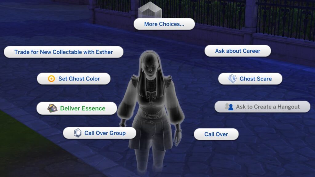 A screenshot from The Sims 4 showing a sim delivering essence back to the ghost host 