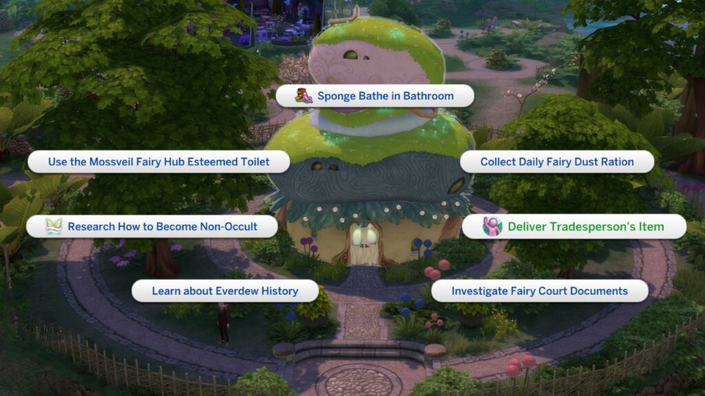 A screenshot from The Sims 4 showing how to deliver the tradesperson's item to the fairy hub 