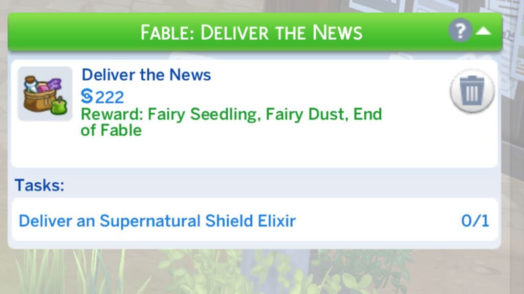 A screenshot from The Sims 4 showing the deliver the news fable tasks