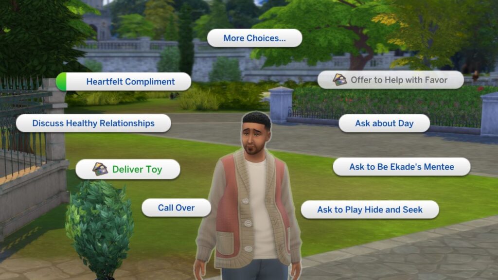A screenshot from The Sims 4 showing how to deliver toy to the widowed father
