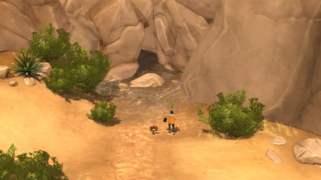 A screenshot from The Sims 4 showing a sim fishing in a desert