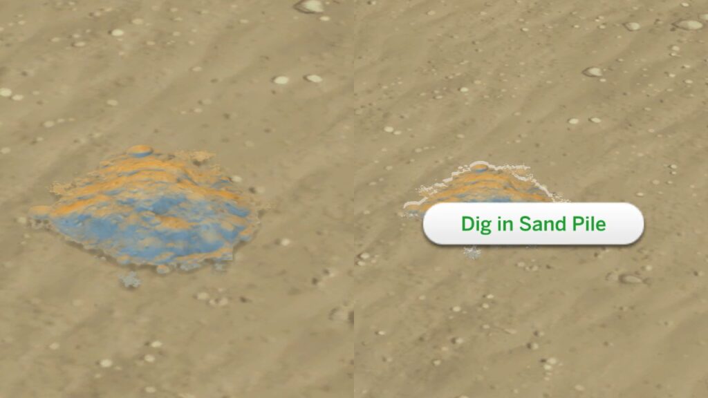 A screenshot from The Sims 4 showing how to dig in sand pile to get a message in a bottle
