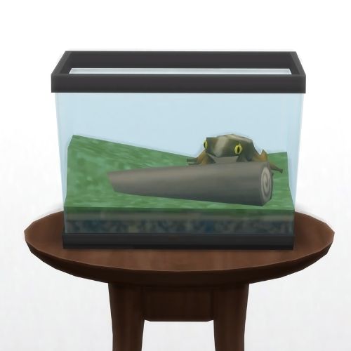 A screenshot from The Sims 4 showing a circle table with a terrarium on top and a dirtwhirl frog inside