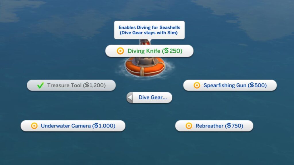 A screenshot from The Sims 4 showing the option to purchase a diving knife on a buoy 