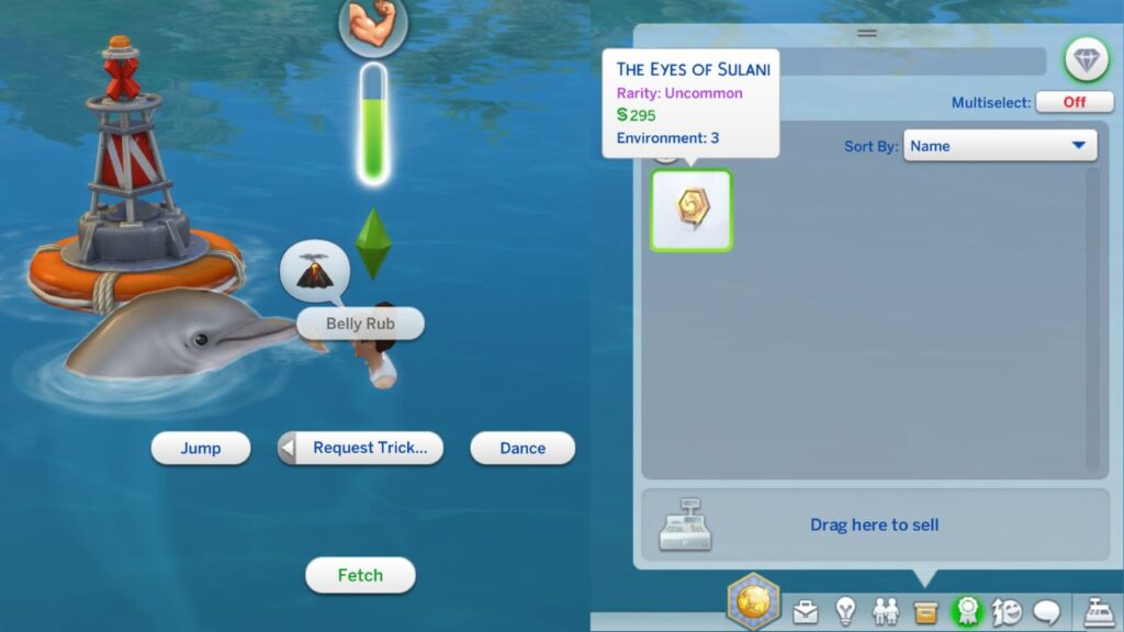 A screenshot from The Sims 4 showing how to get treasure from a dolphin 
