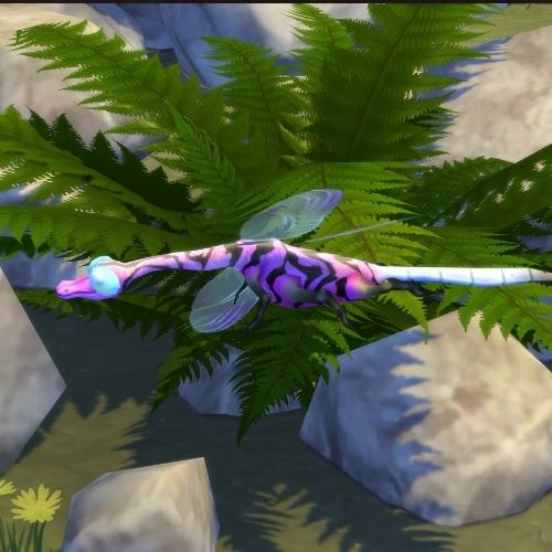 A screenshot from The Sims 4 showing a Dragon Dragonfly. pink and purple in
