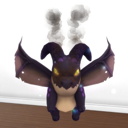 A screenshot from The Sims 4 showing a dragon familiar with steam coming out of its ears