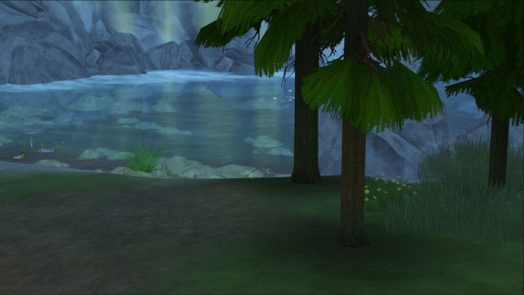 A screenshot from The Sims 4 showing some dragonflies near a waterfall and pond