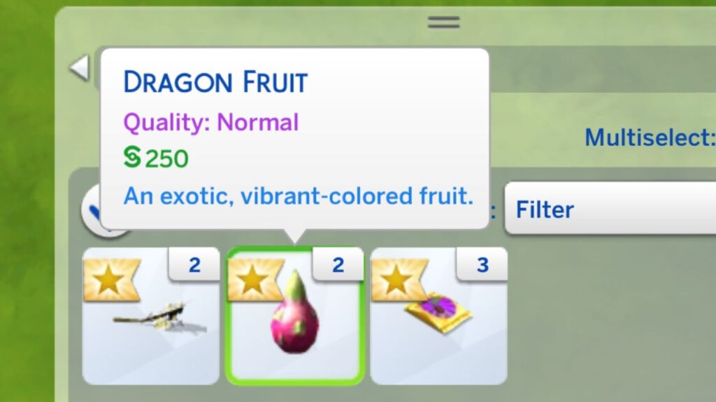 A screenshot from The Sims 4 showing a dragon fruit in a sim's inventory