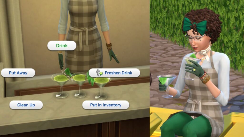 A screenshot from The Sims 4 showing the option to drink beetle juice and a sim double fisting two drinks 