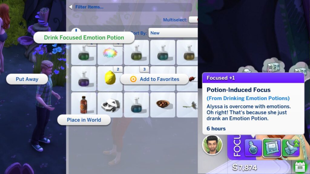 A screenshot from The Sims 4 showing how to drink an emotion potion 