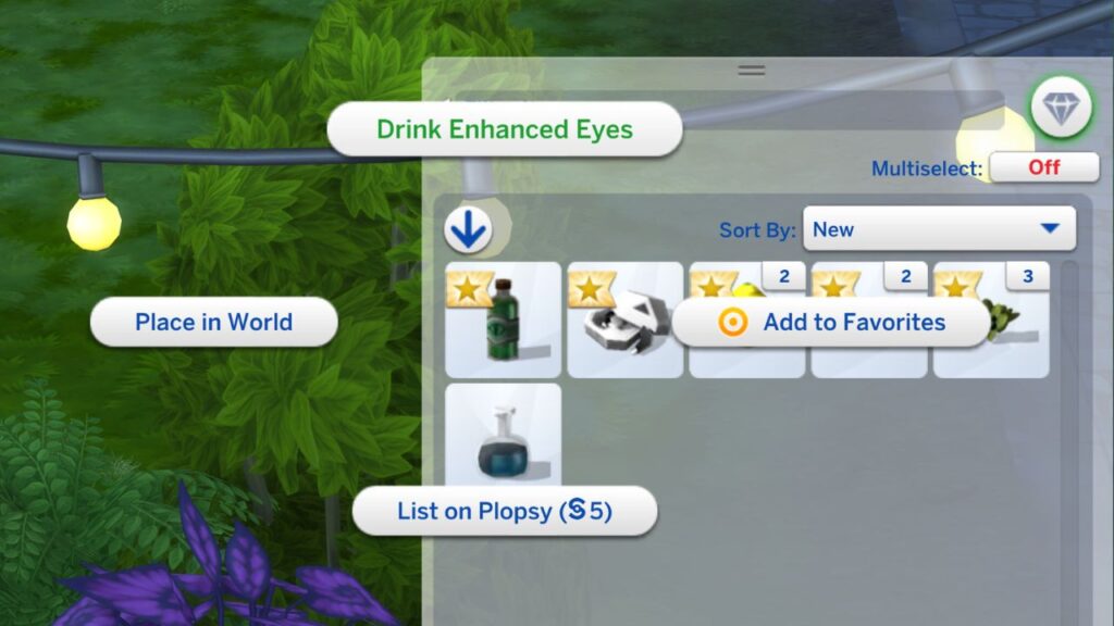 A screenshot from The Sims 4 showing how to drink enhanced eyes in a sim's inventory 