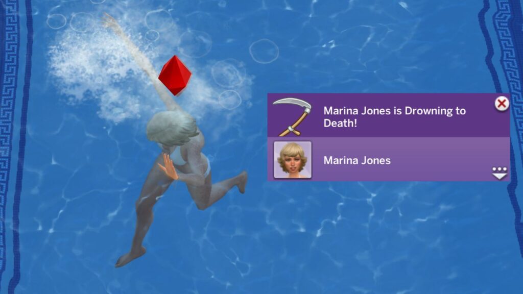 A screenshot from The Sims 4 showing the death by drowning