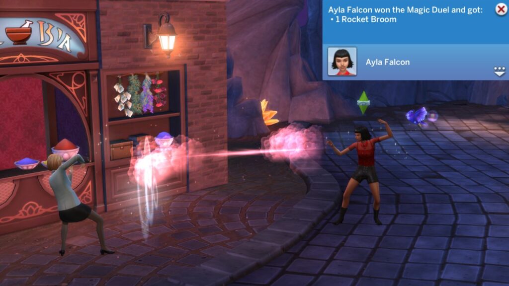 A screenshot from The Sims 4 showing two sims doing a magic duel