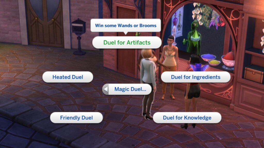 A screenshot from The Sims 4 showing the option to duel for artifacts
