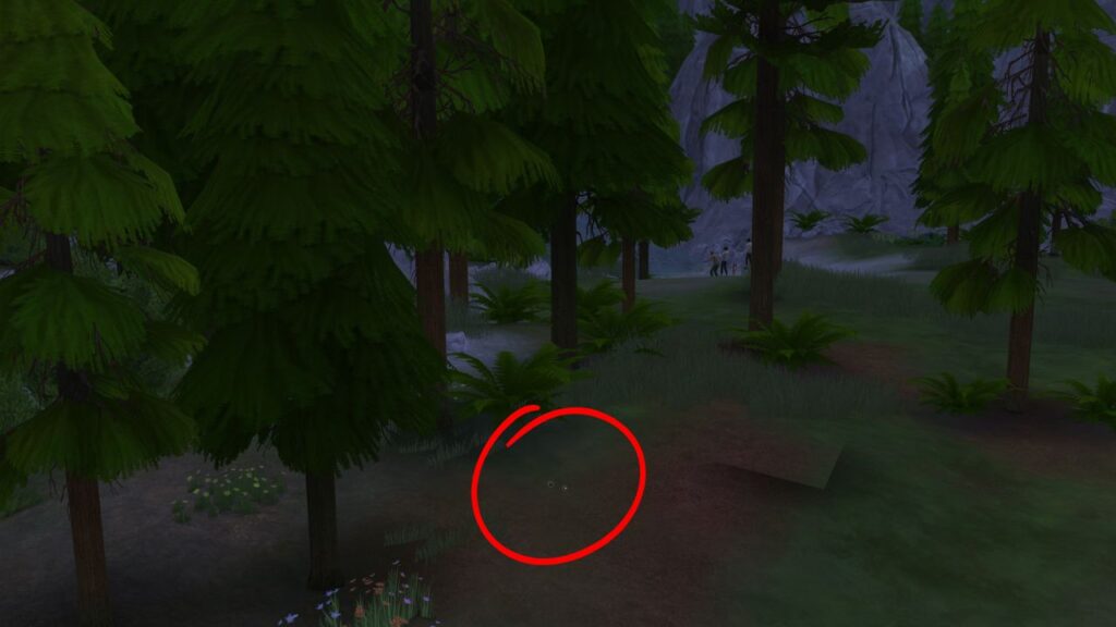 A screenshot from The Sims 4 showing dust spirits circled in a forest near a fishing spot