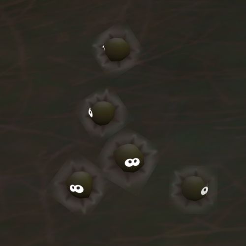 A screenshot from The Sims 4 showing five dust spirits