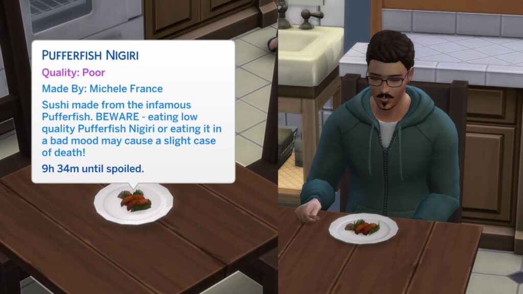 A screenshot from The Sims 4 showing a sim eating pufferfish nigiri