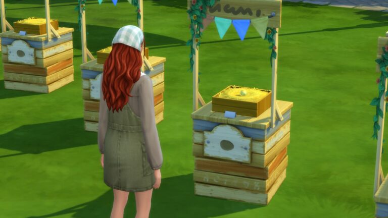 A screenshot from The Sims 4 showing a sim standing next to their egg at a competition from the fair