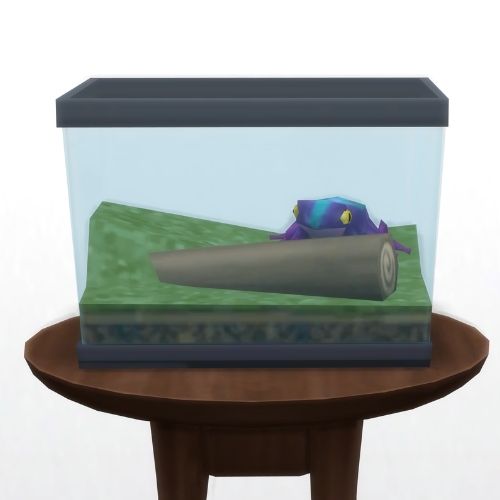 A screenshot from The Sims 4 showing a circle table with a terrarium on top and a eggplant whirl frog inside