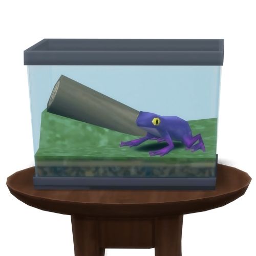 A screenshot from The Sims 4 showing a circle table with a terrarium on top and an eggplant frog inside