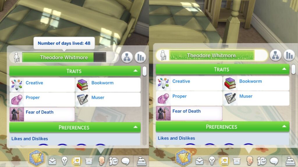 A screenshot from The Sims 4 showing an elder life stage coming to an end 