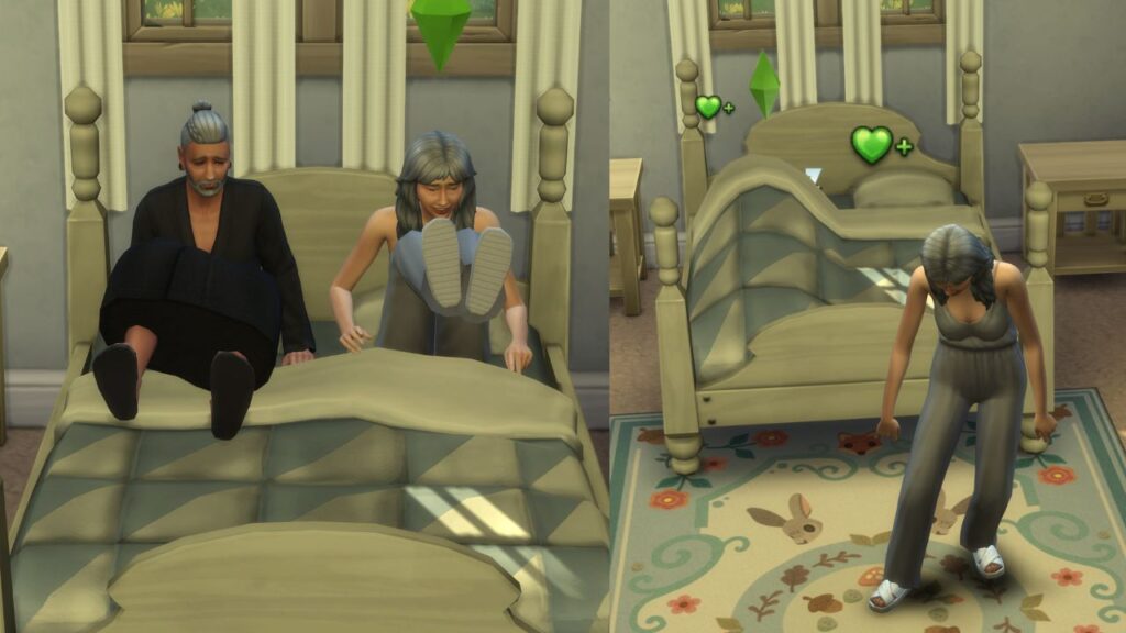 A screenshot from The Sims 4 showing an elder couple start woohoo and one sim dying from it 