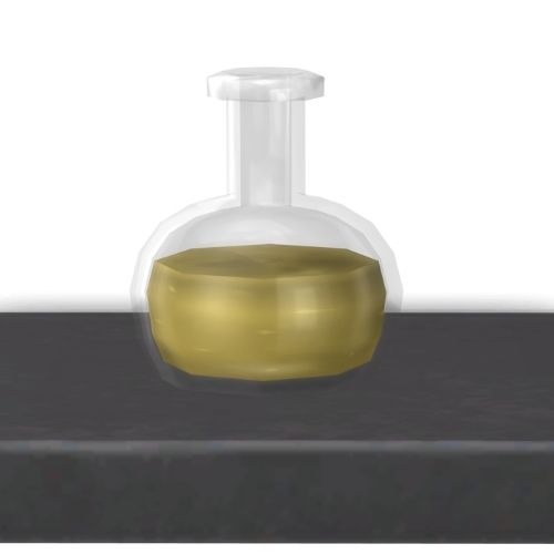 A screenshot from The Sims 4 showing a dark wooden shelf with an embarrassed emotion potion on top 