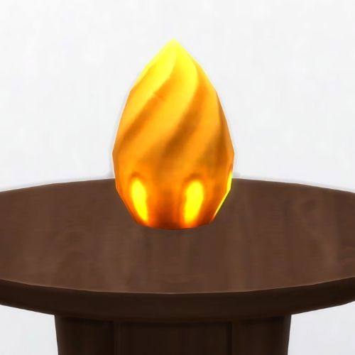 A screenshot from The Sims 4 showing a brown circle table with a yellow bean on top