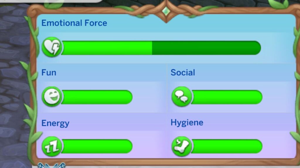 A screenshot from The Sims 4 showing the needs panel for a fairy 