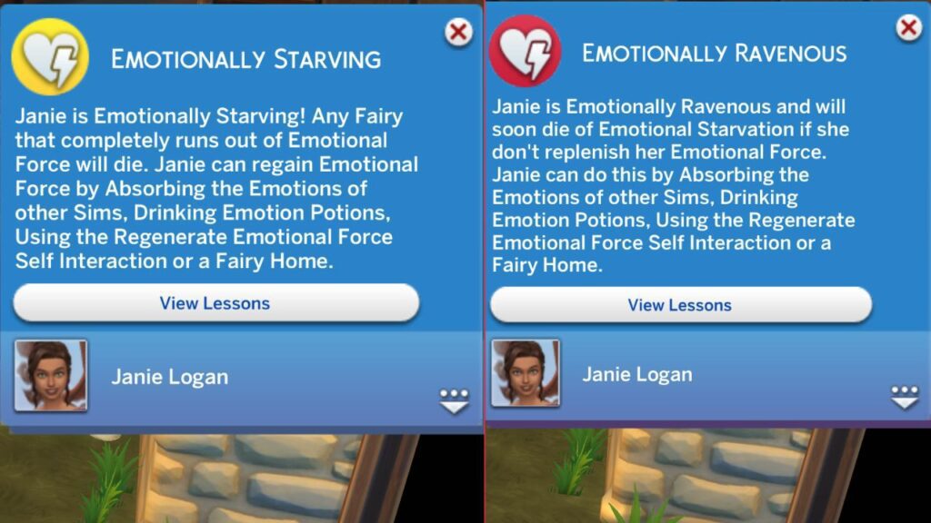 A screenshot from The Sims 4 showing the game's notifications to warn you of emotional starvation 